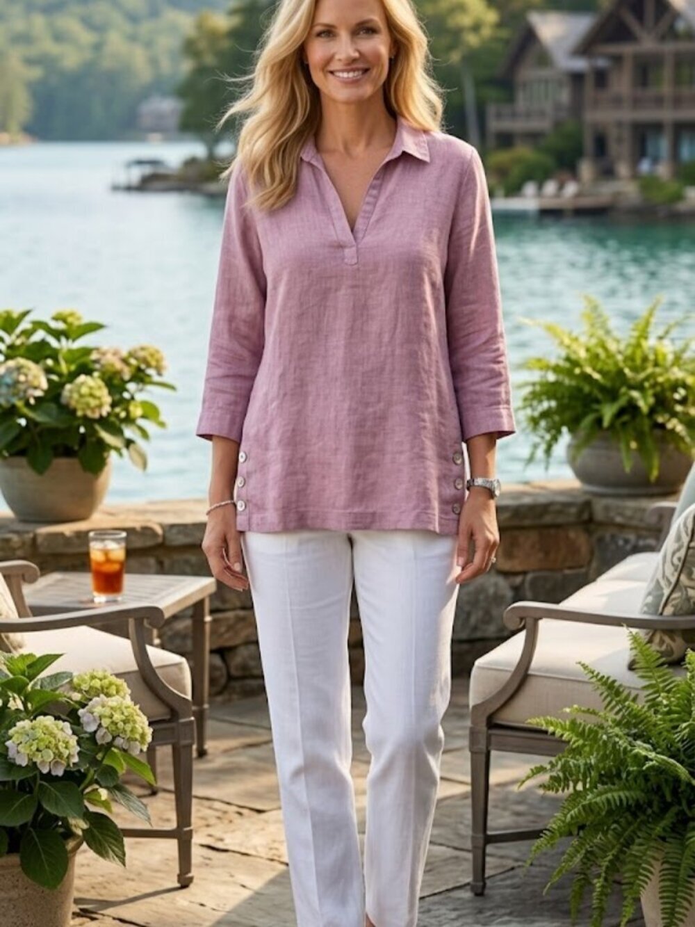 Antibes Blanc Purple Linen MOP Buttons Pull Over Tunic Top Size Large